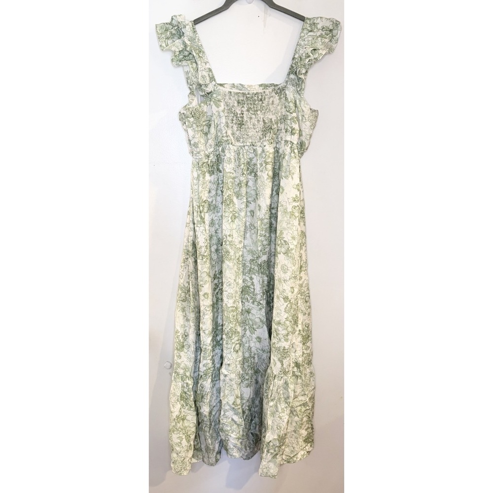 Blu Pepper Green Floral Smocked Ruffle Strap Square Neck Midi Dress Cottage L - Picture 2 of 7